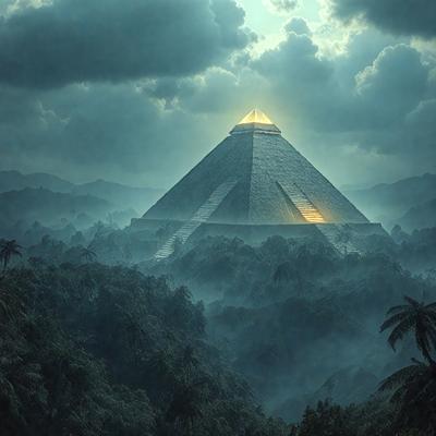 The primary subject of the image is a large, ancient-looking pyramid structure, possibly a temple or a monument, situated in a dense forest. The setting is a foggy, cloudy night, creating a mysterious and atmospheric ambiance. The visual style of the image is a combination of photo and digital art, giving it a unique and intriguing appearance. The dominant colors in the image are shades of gray, black, and white, which contribute to the overall mood of the scene.